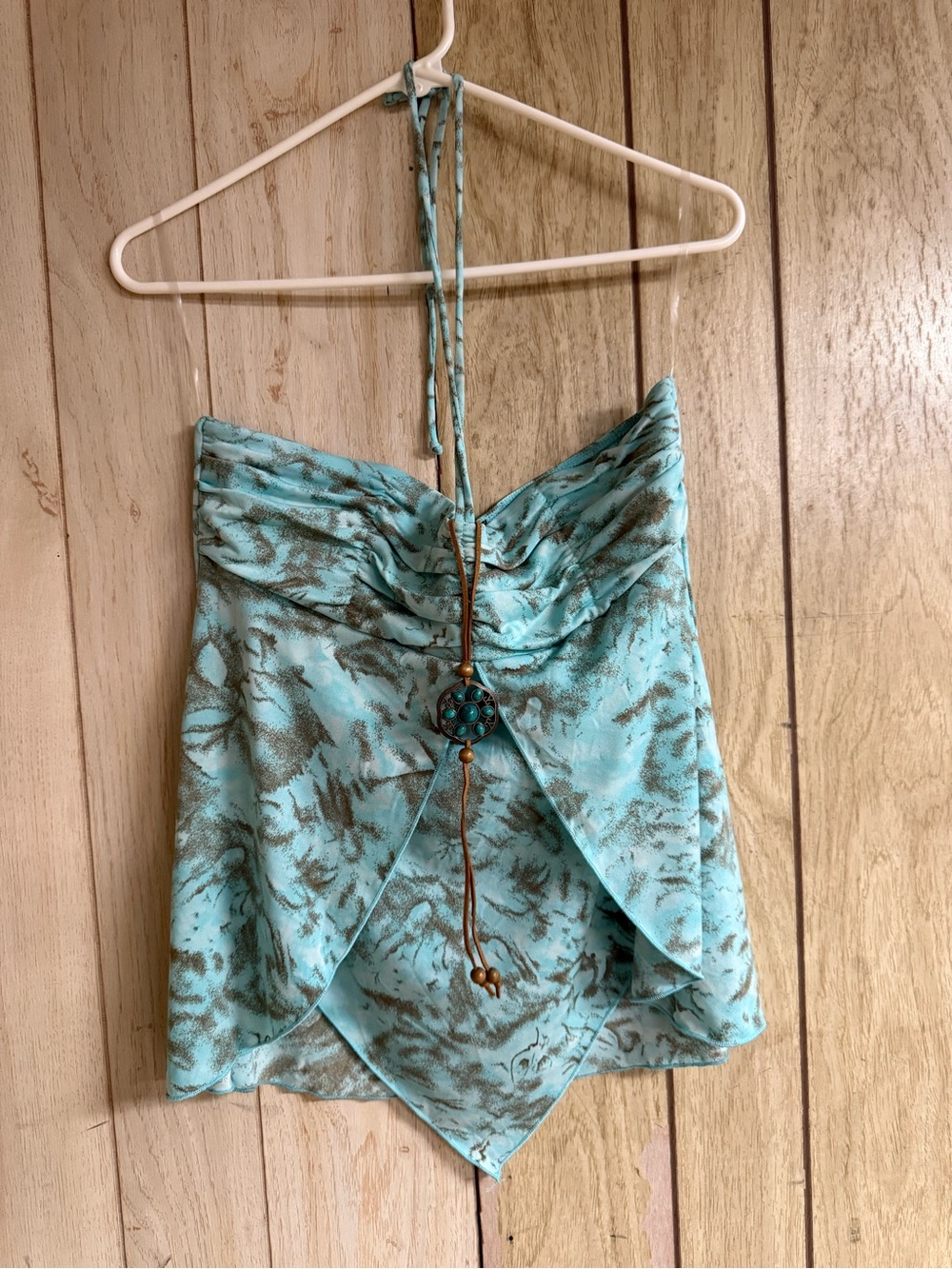 VENUS Aqua Blue & Brown Halter Neck Draped Tank Top